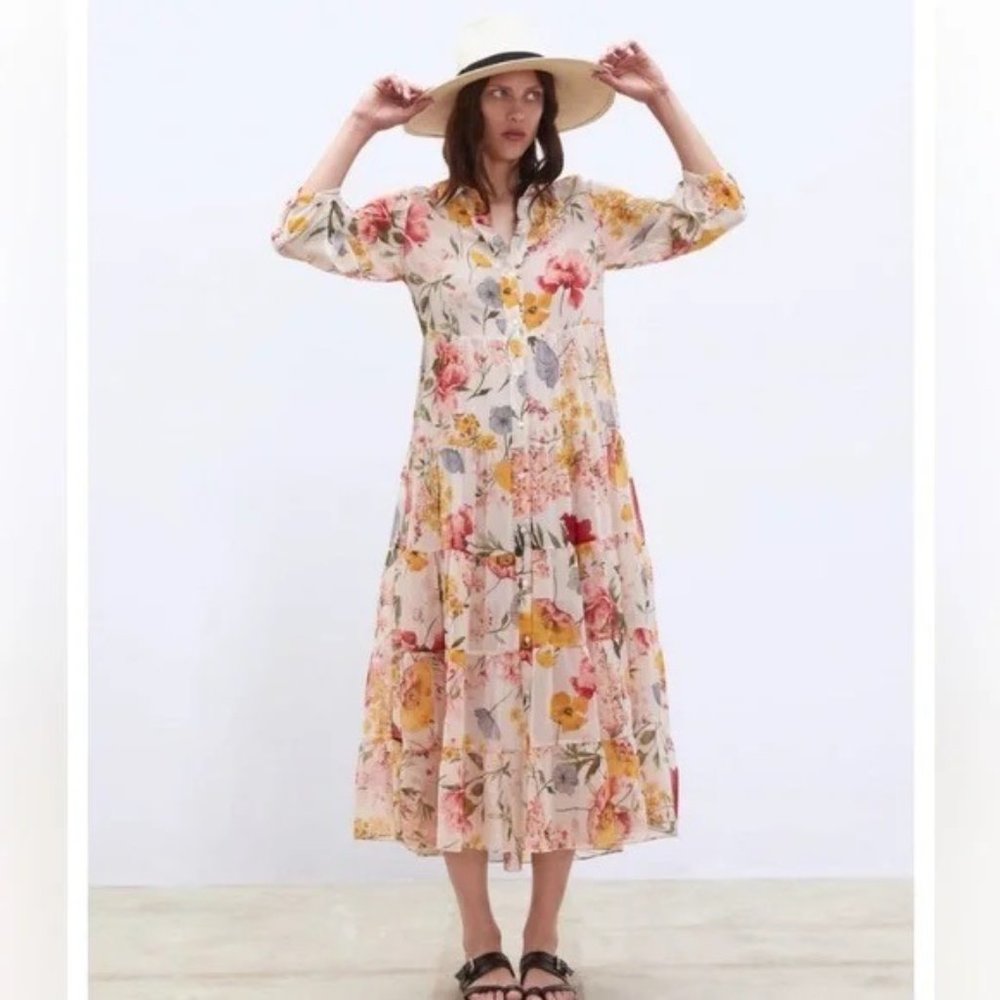 NWT Zara Floral Button Down Collared Tiered Dress Pink Peach Size XS Extra Small